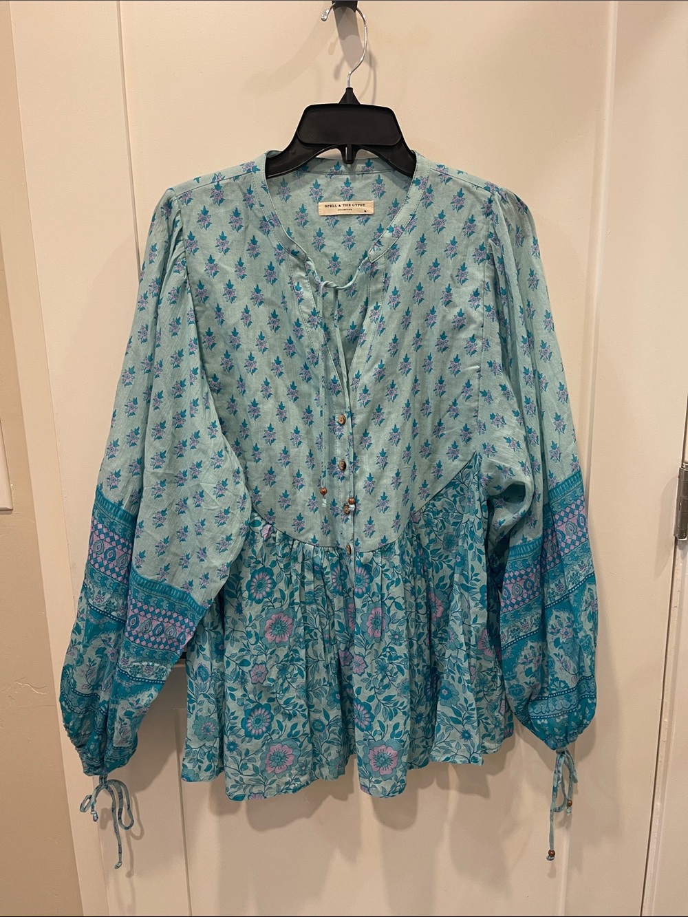 Spell & The Gypsy Teal and Turquoise Floral Boho Peasant Tunic Sz XL